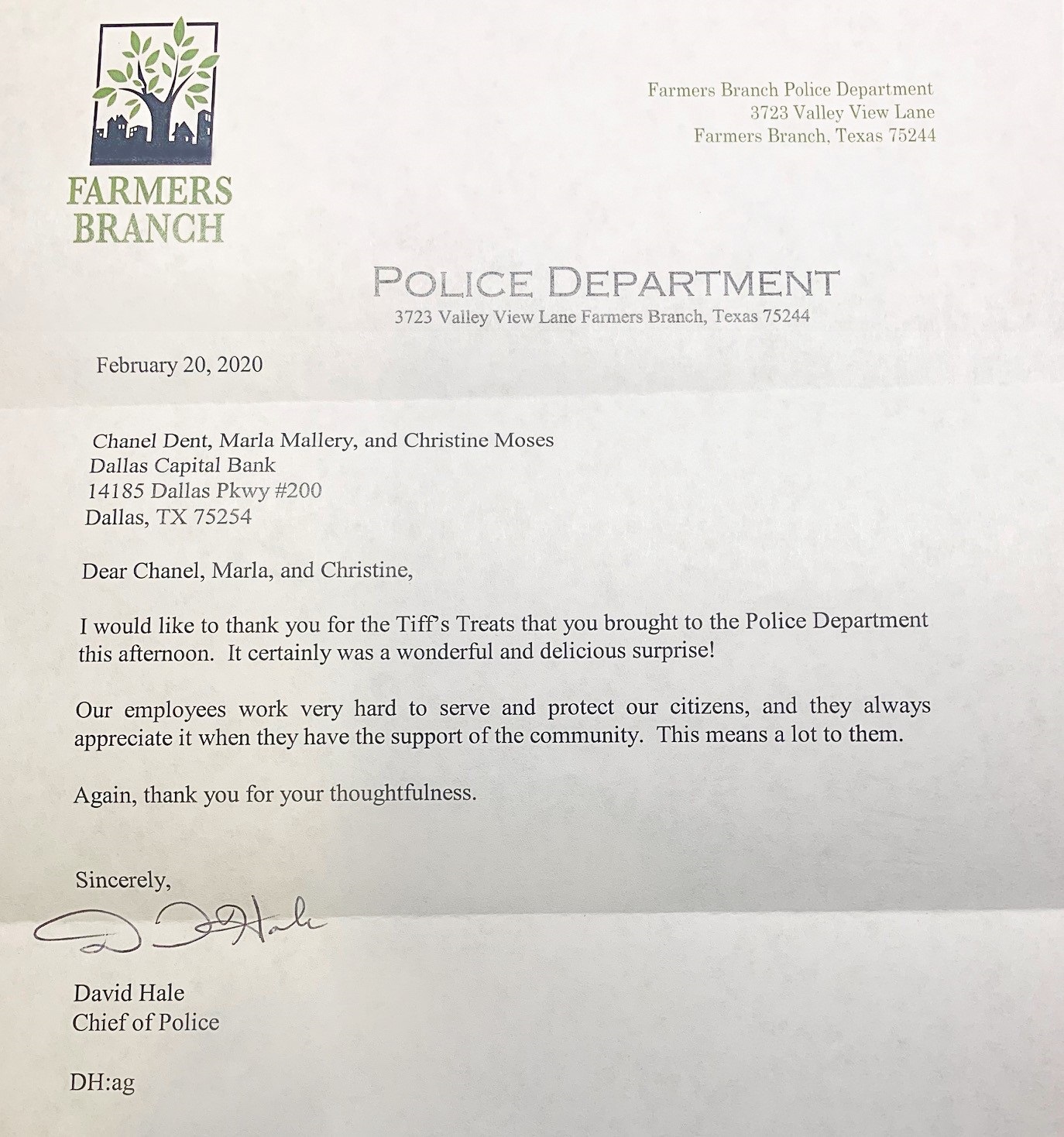 Farmer's Branch PD Thank You Note
